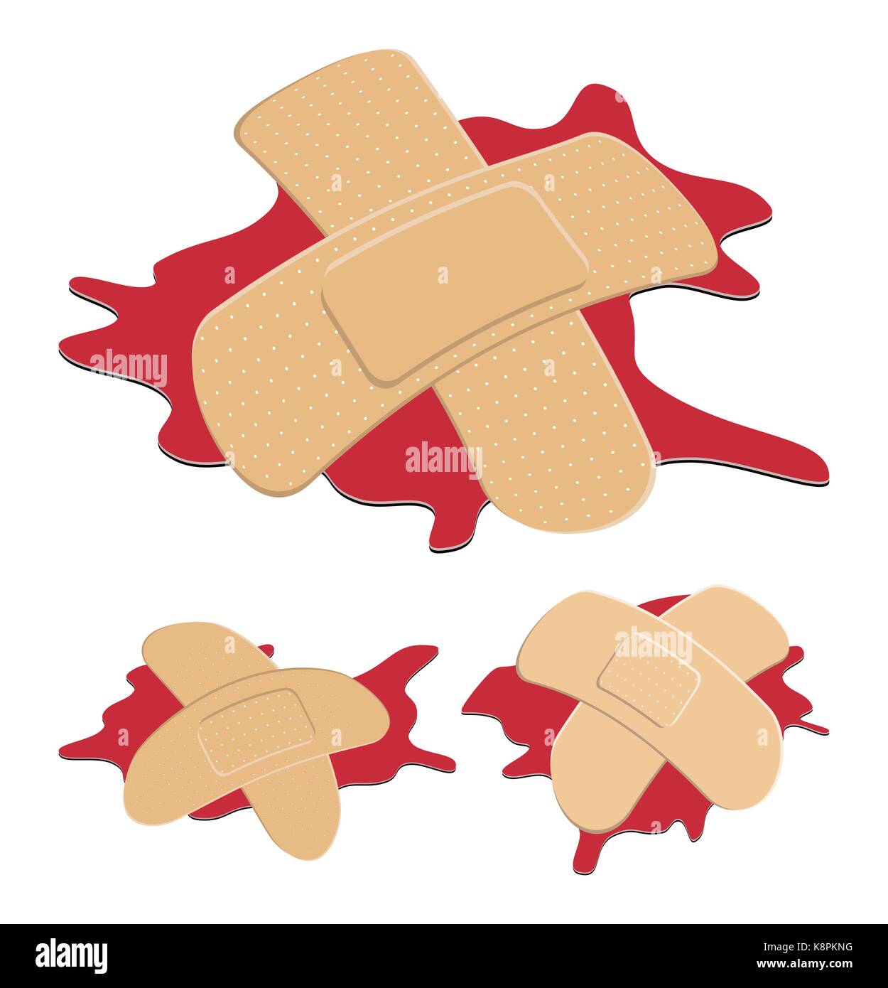 Set of Adhesive, flexible, fabric plaster with red  blood puddle. Medical bandage in different shape - curved cross. Vector illustration isolated on w Stock Vector