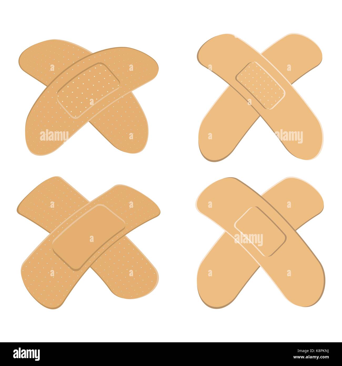 Set of Adhesive, flexible, fabric plaster . Medical bandage in different shape - curved cross. Vector illustration isolated on white background. Stock Vector