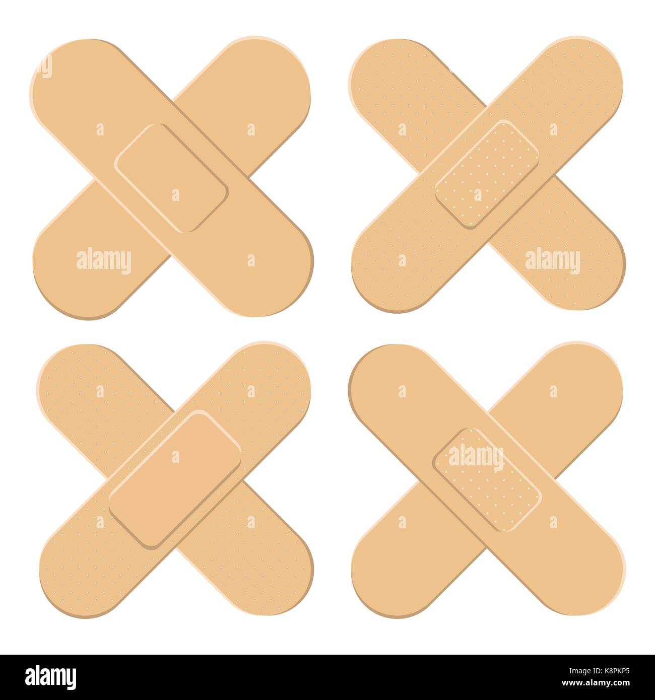 Set of Adhesive, flexible, fabric plaster . Medical bandage in different shape - straigh cross. Vector illustration isolated on white background. Stock Vector