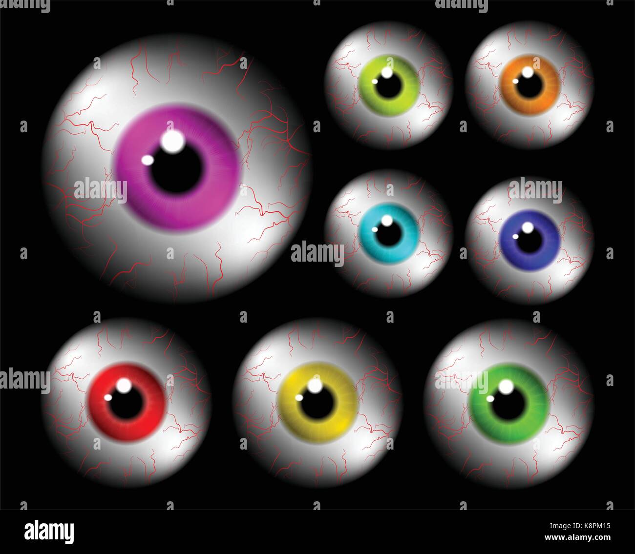 Set of realistic human eye ball with colorful pupil, iris. Vector illustration isolated on black background. Stock Vector