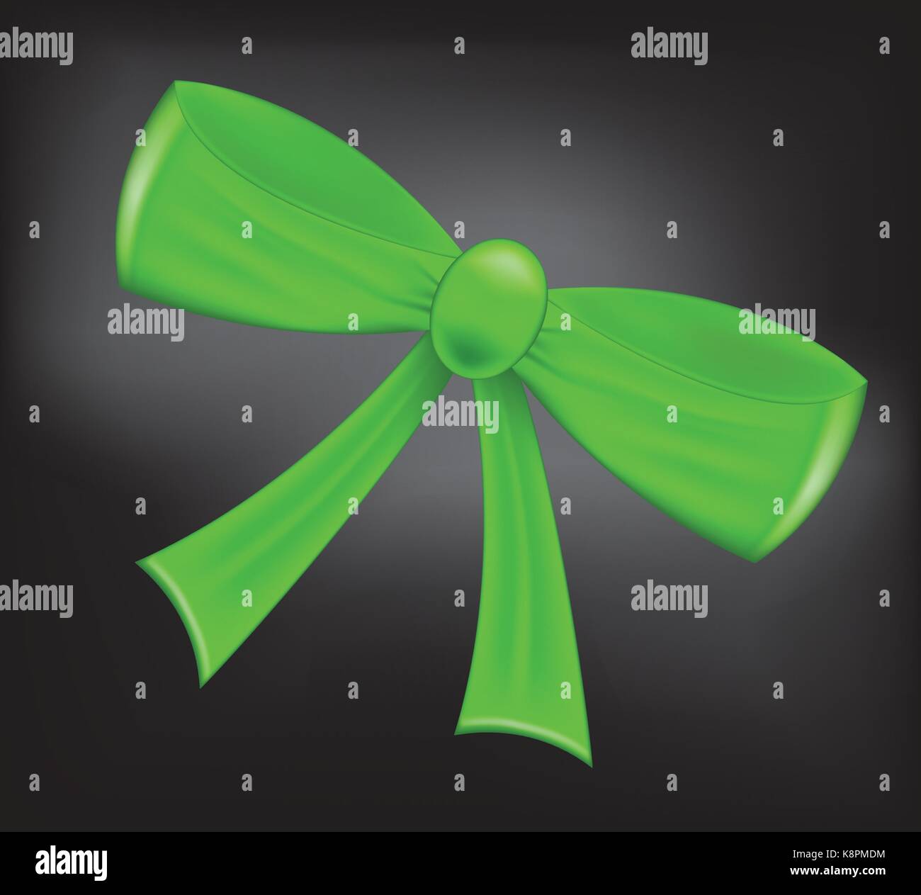 Green realistic ribbon bow on dark background. Vector illustration