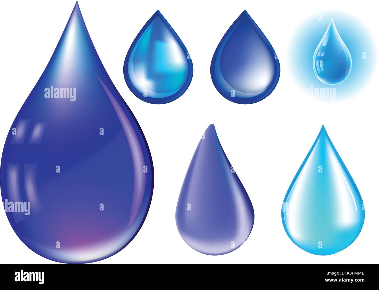 Blue realistic vector water drop set isolated on white background. Stock Vector