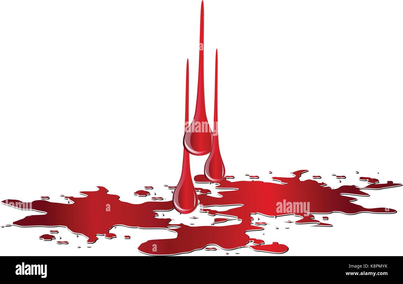 Vector puddle of blood with drops isolated on white background. Red plash of blood Stock Vector