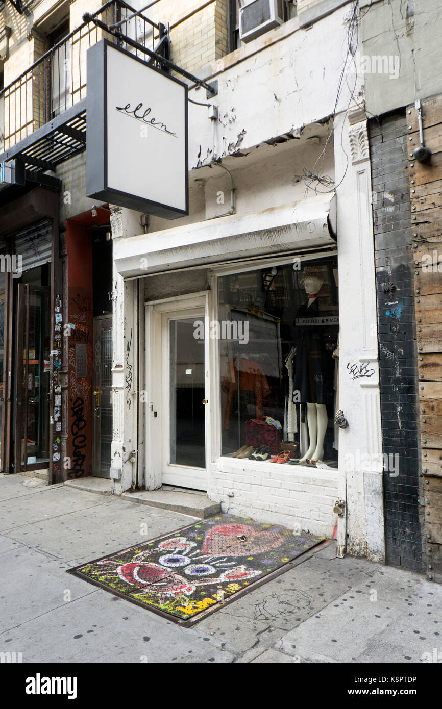 The exterior of ELLEN, a used, vintage & consignment shop on Ludlow Street on the Lower East Side of Manhattan, New York. Stock Photo