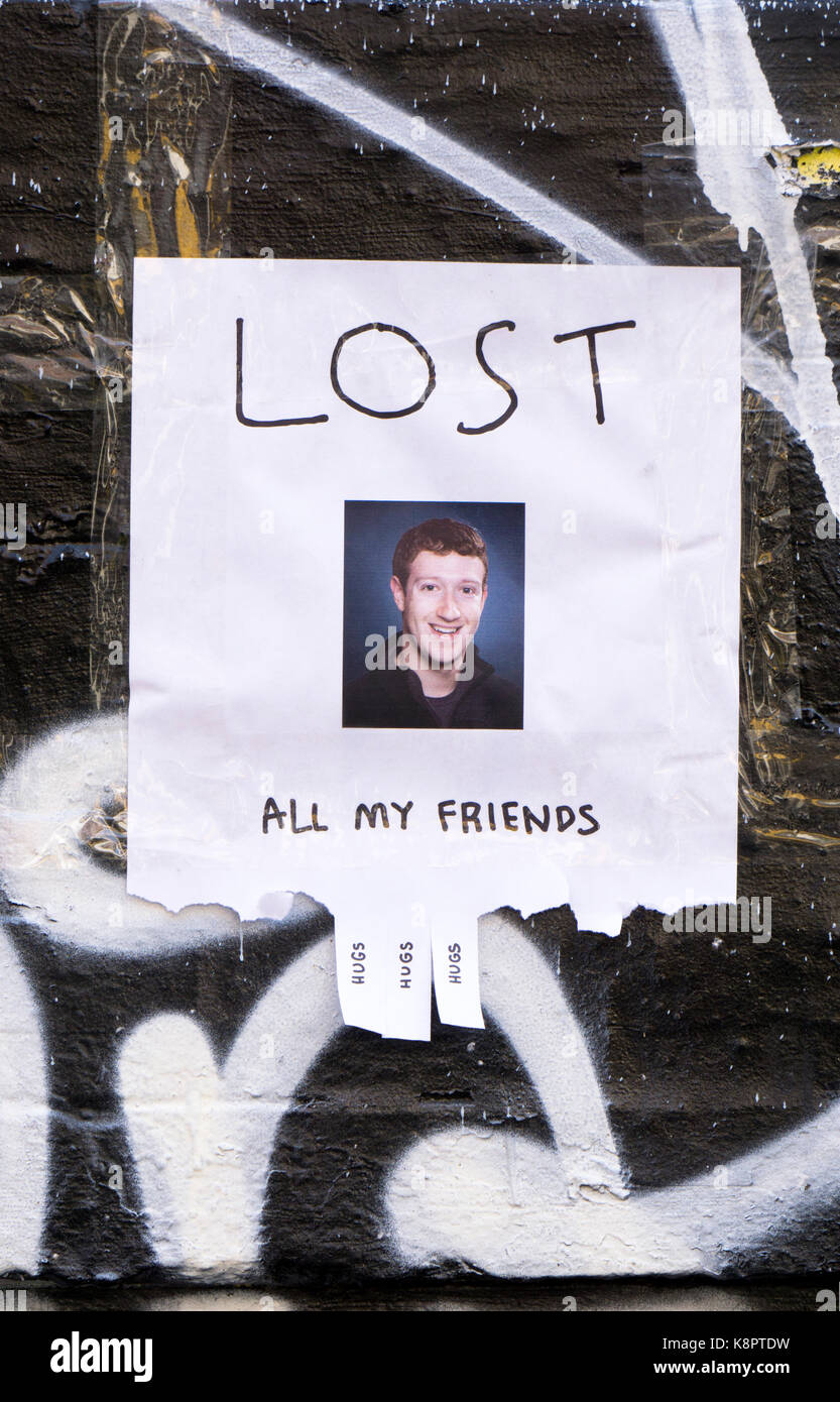 A handbill mocking the facebook CEO Mark Zuckerberg imagining that he has lost all of his friends. On the Lower East Side of Manhattan, new York City. Stock Photo