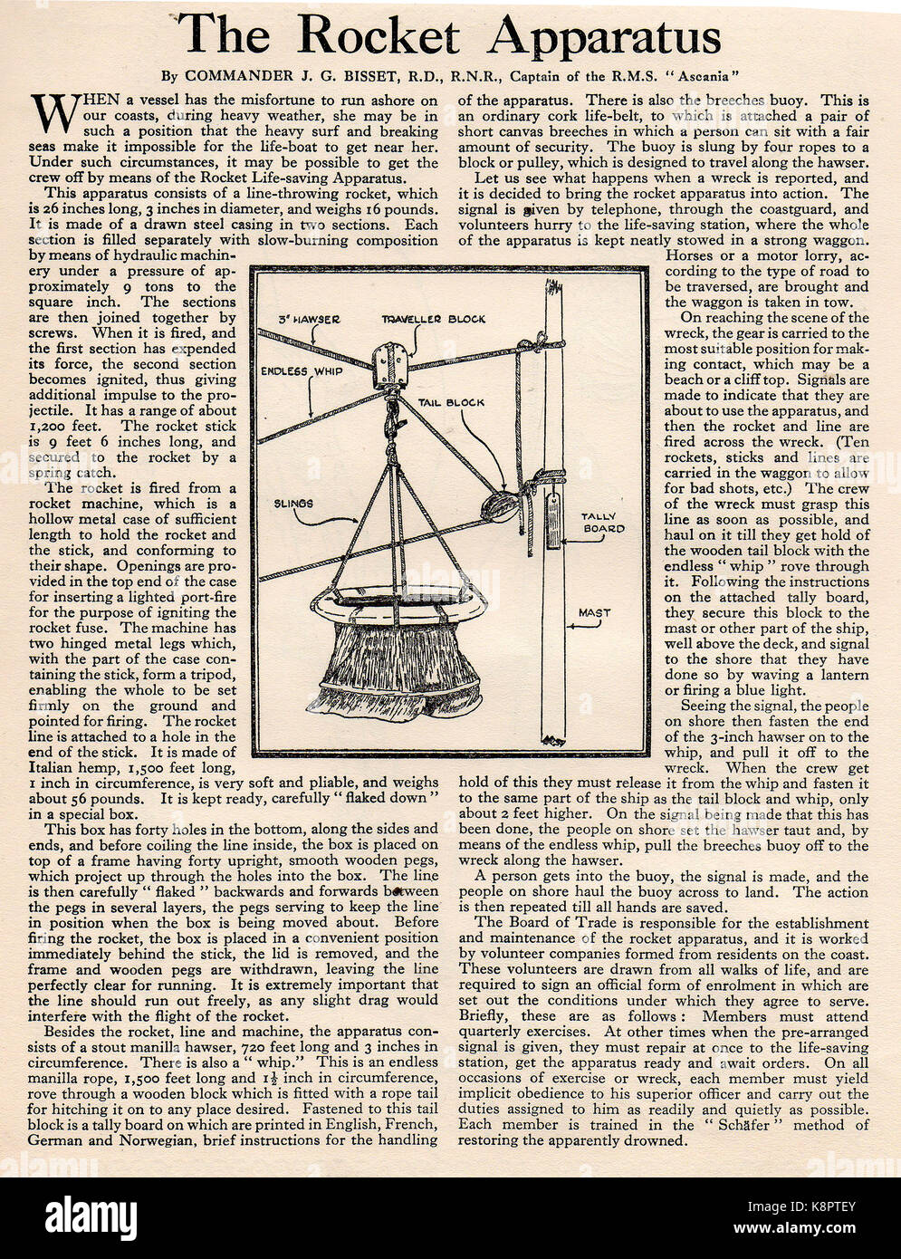 The rocket apparatus and chair used for rescuing mariners from shipwrecks - (From the Boys Own Annual 1932-33) Stock Photo