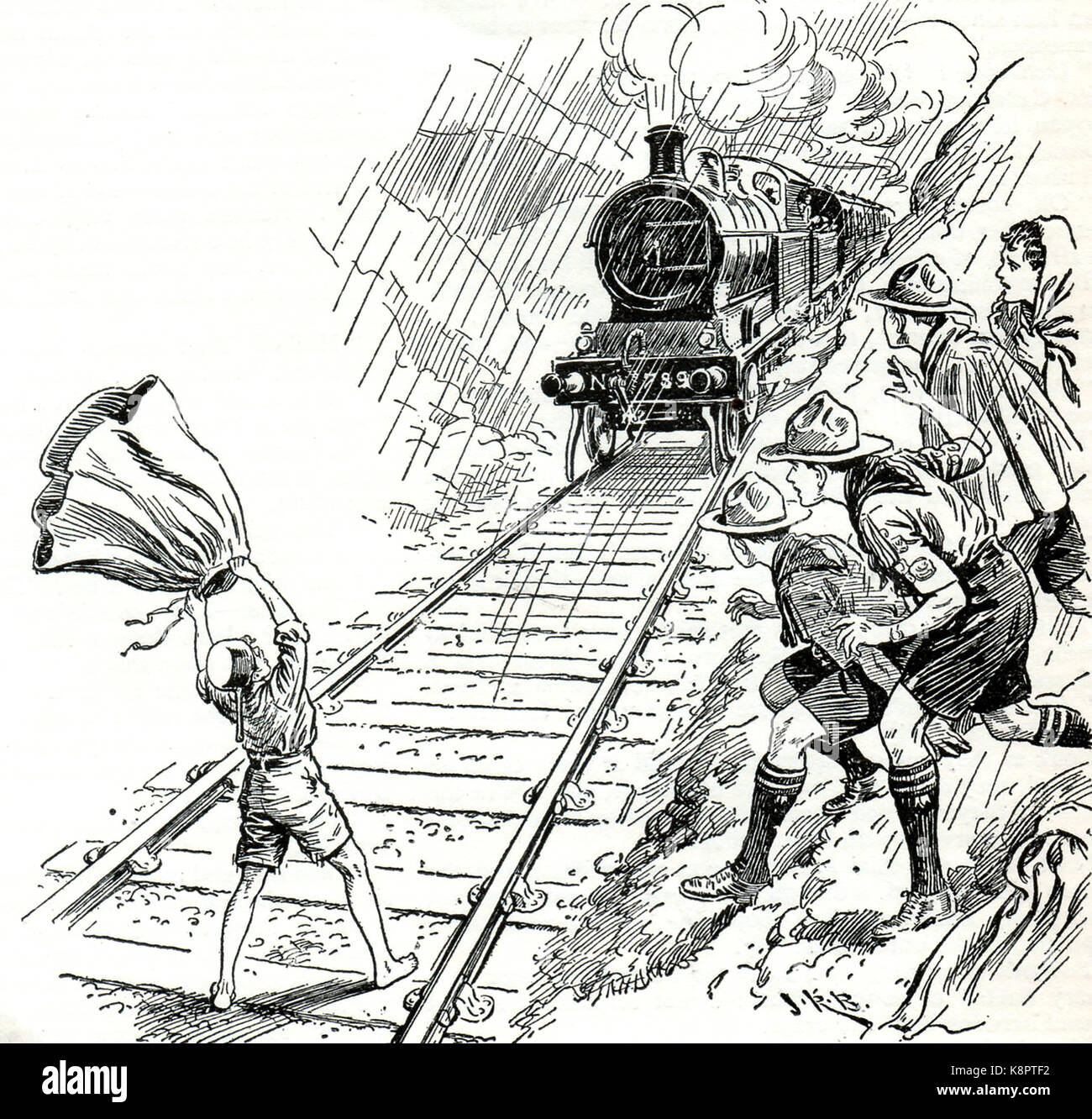 Boy scouts flagging down a train to save its passengers from danger - An illustration from Boys Own Annual 1932-19 33 Stock Photo