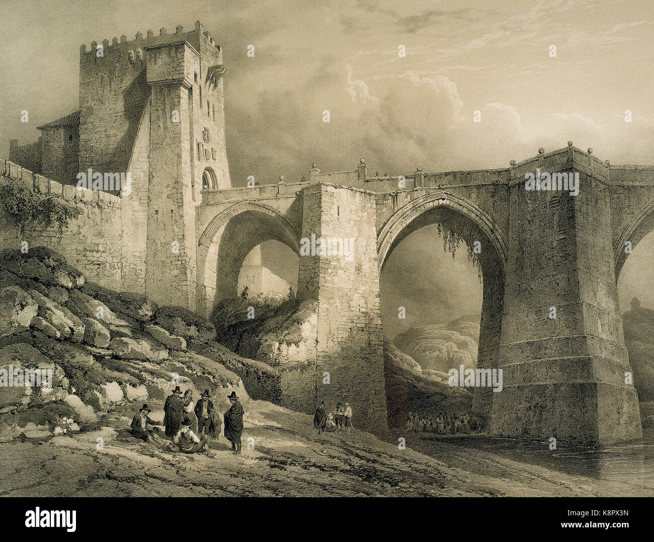 Spain. Toledo. Saint Martin's bridge. 14th century. Engraving by Genaro Perez Villaamil (1807-1854). Stock Photo