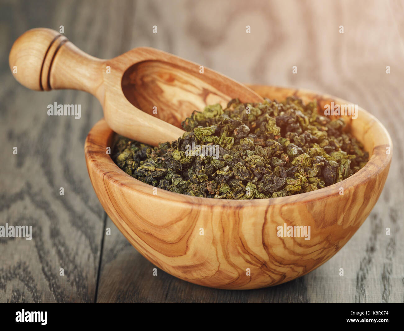 oolong green tea in wood bowl Stock Photo