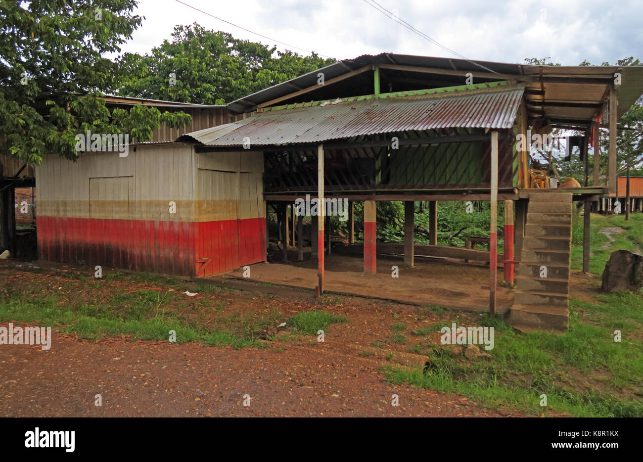 house near river on stilts with flood mark clearly visable  San Jose del Guaviare, Colombia       November Stock Photo