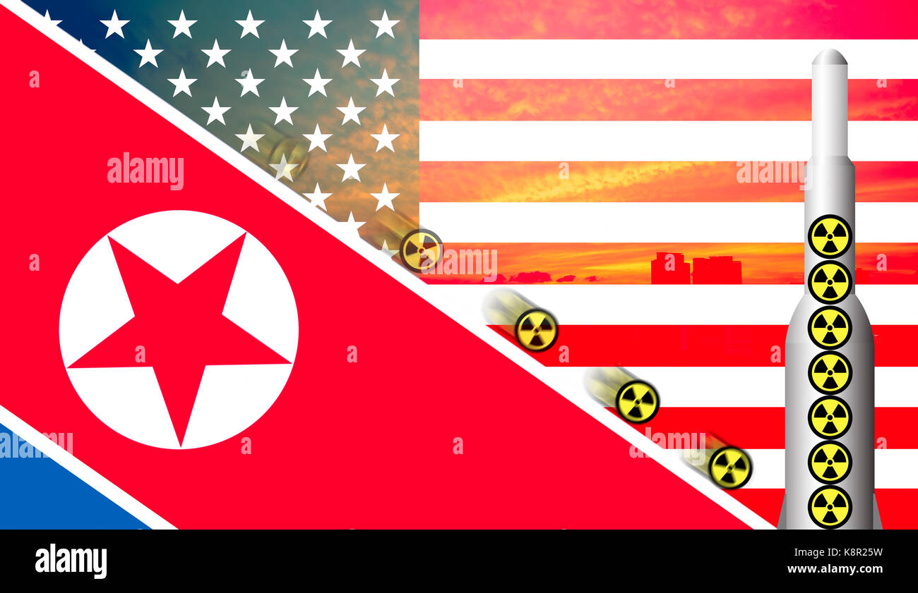 Nuclear weapons ready to launch. Flag of USA and North Korea. Stock Photo