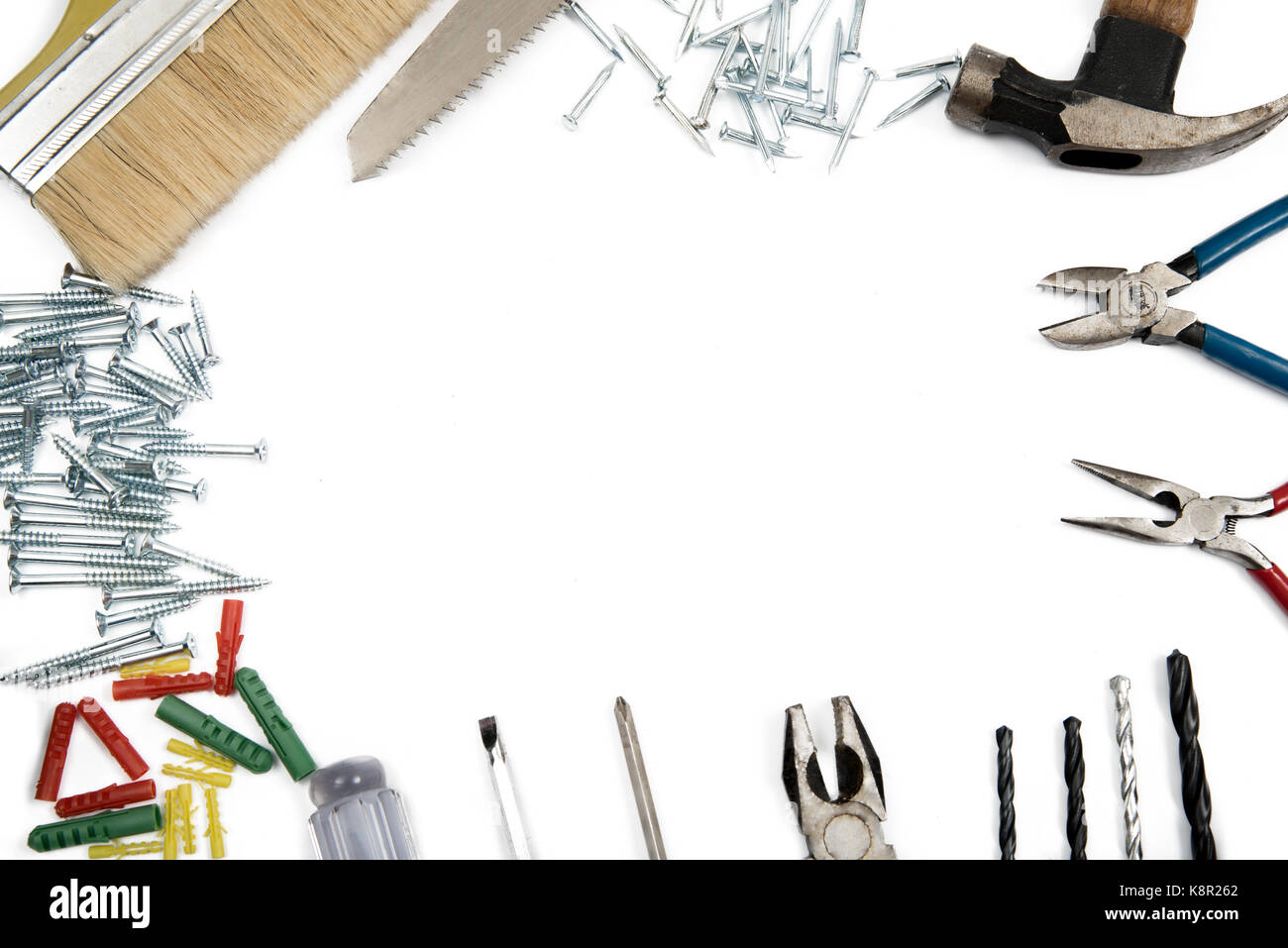 Border frame of Construction Tools on white background. Copy space inside. Stock Photo
