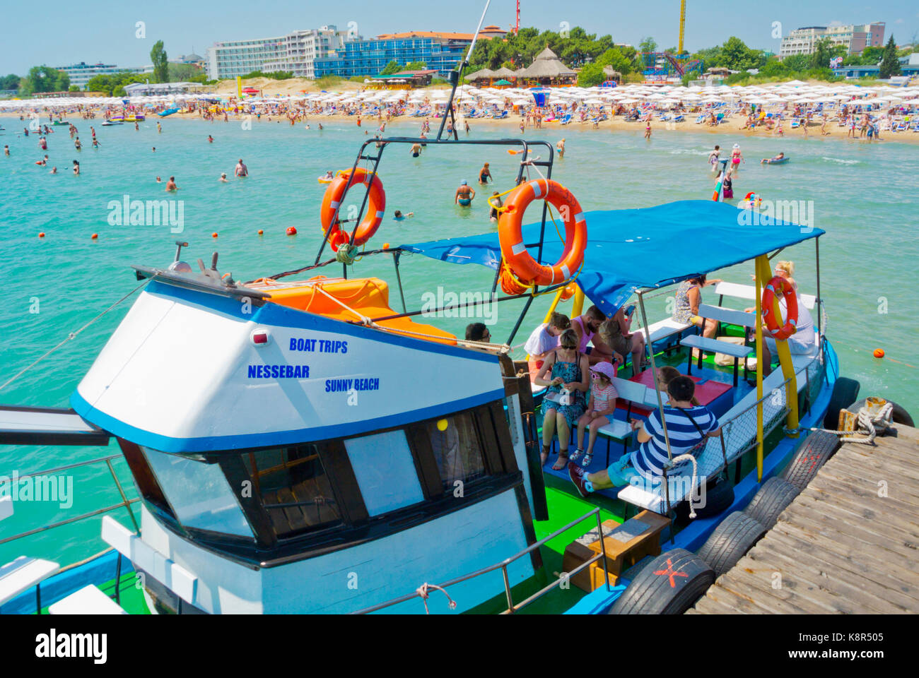 Boat between Sunny Beach and Nesebar, Main pier, Sunny Beach, Bulgaria Stock Photo