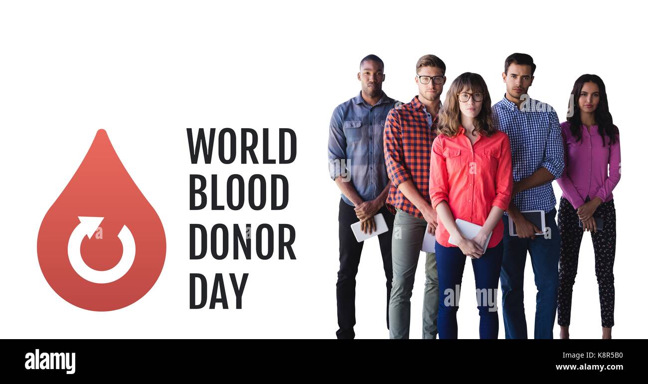 Digital composite of Group of people with world blood donor day and blood donation graphic Stock Photo