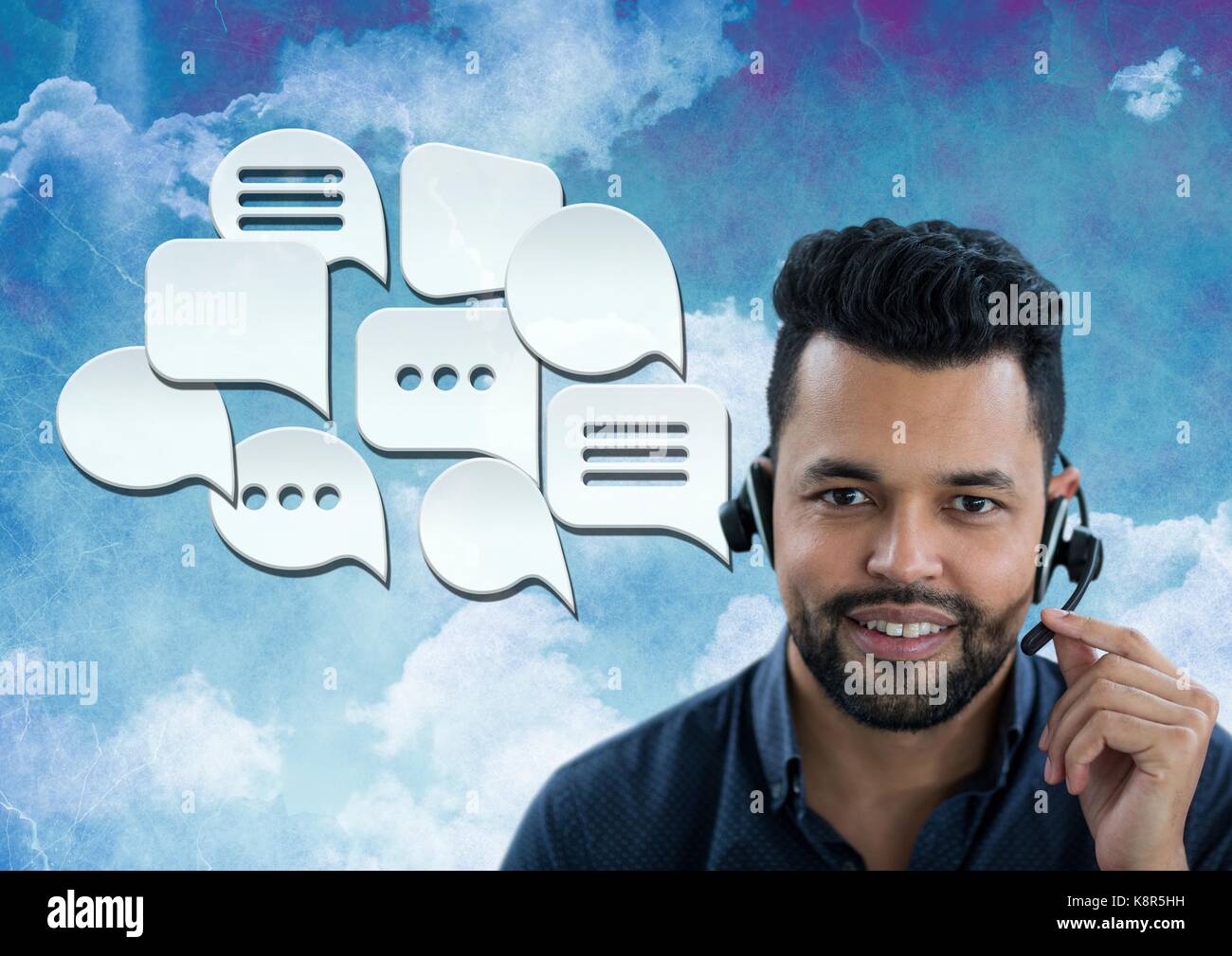Digital composite of Customer care service man with chat bubbles Stock