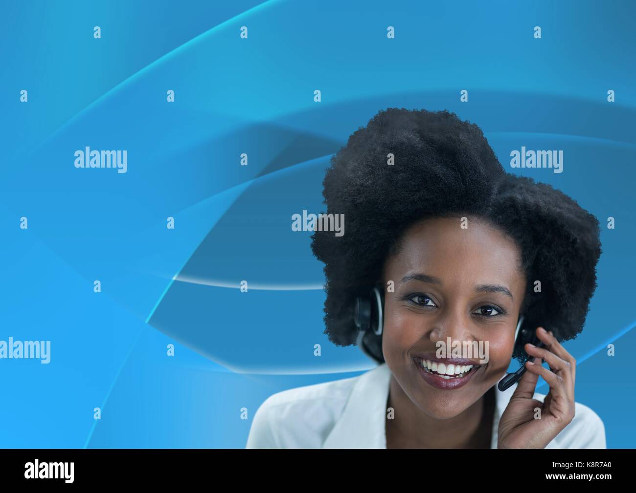 Digital composite of Customer care service woman with blue background Stock Photo Alamy