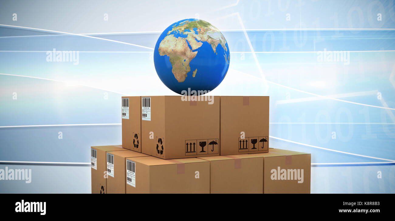 Blue globe on brown cardboard boxes against digital image of hexagon shape with binary numbers on screen Stock Photo