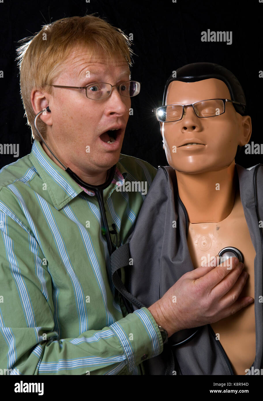 Dr.Phil Hammond with his resuscitation dummy used for his comedy stage