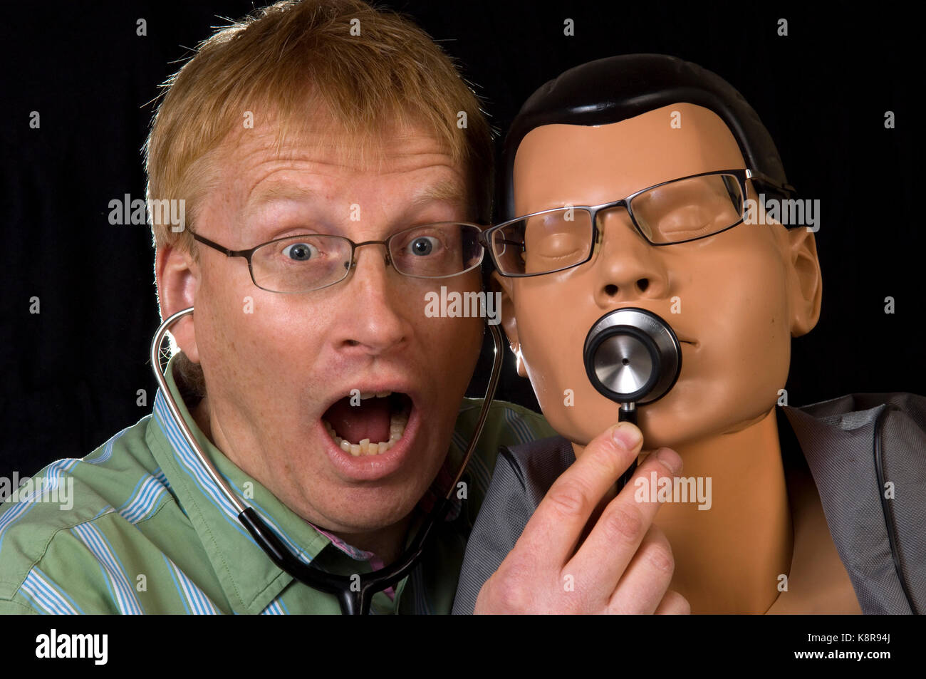 Dr.Phil Hammond with his resuscitation dummy used for his comedy stage show. Stock Photo