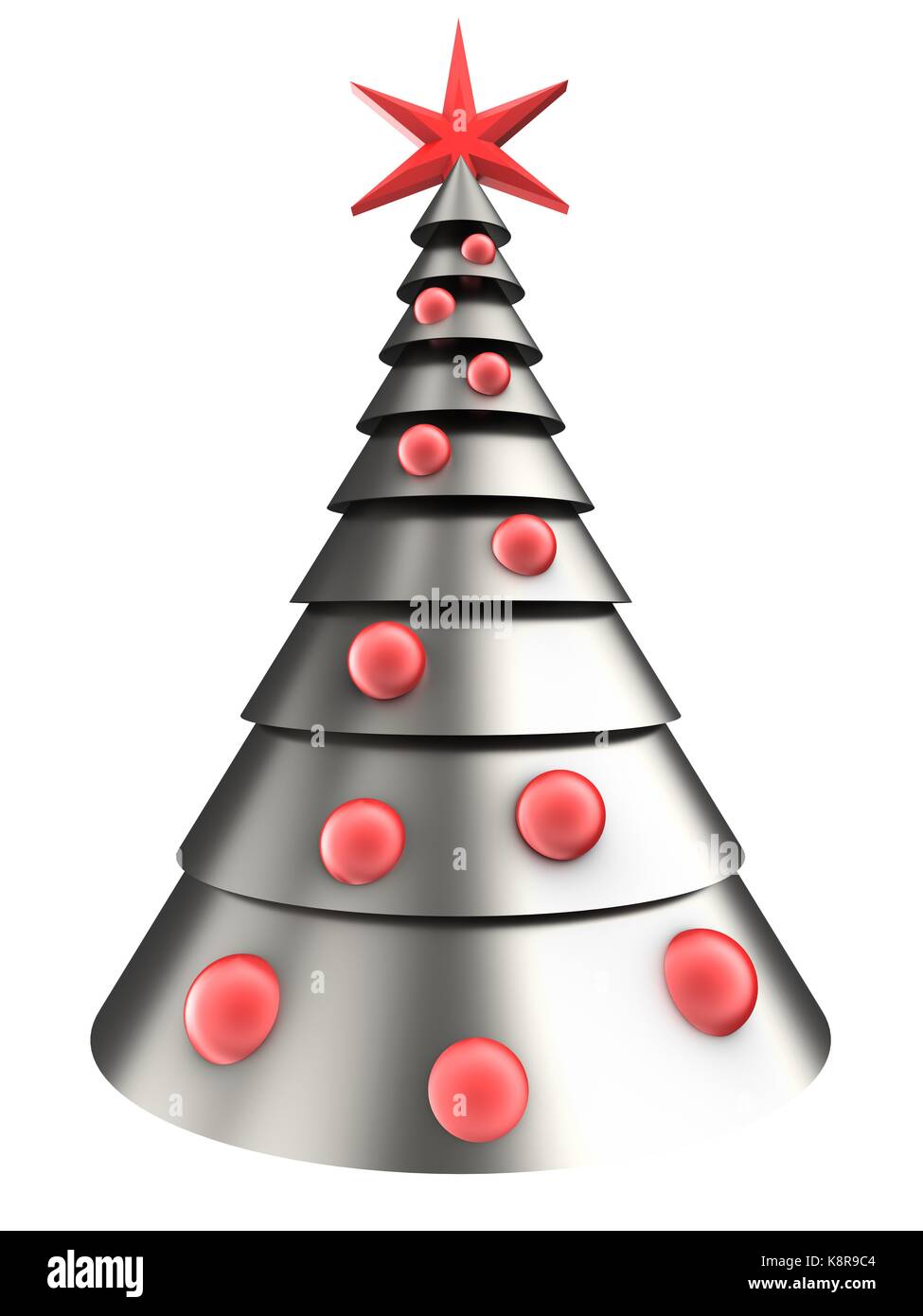 3d illustration of metal Christmas tree over white background with red ...