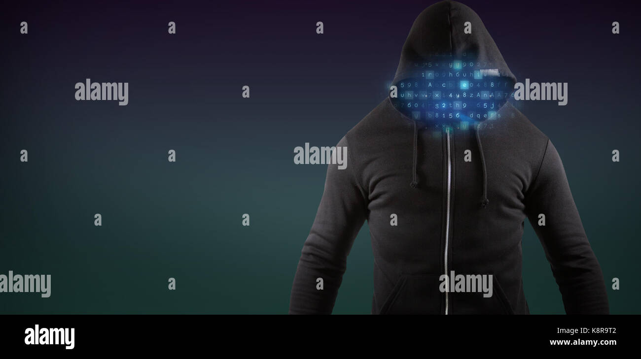Male hacker wearing black hoodie while standing against turquoise and ...