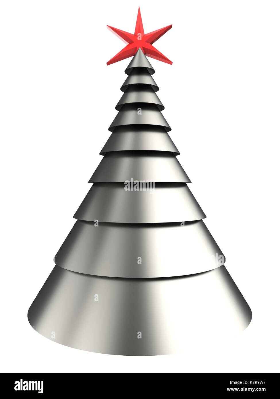 3d illustration of metal Christmas tree over white background with red ...