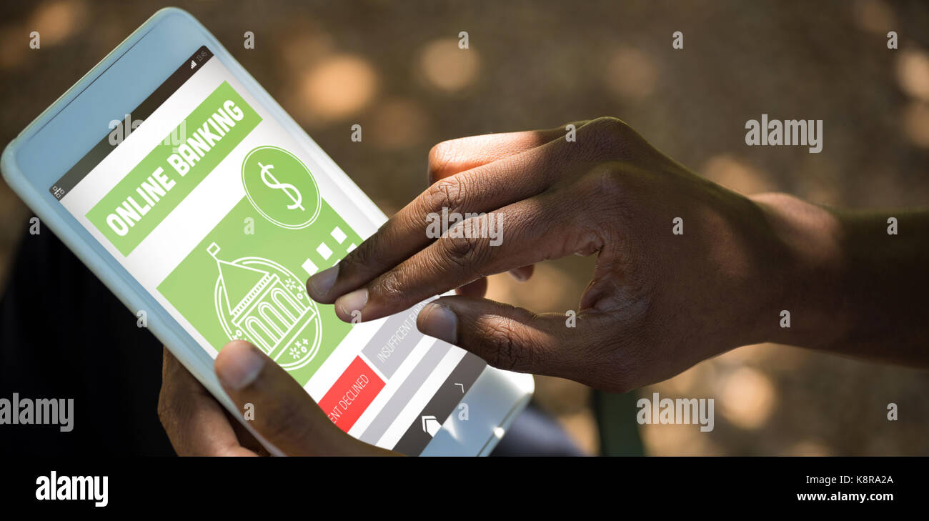 Online banking text on green mobile display against man using tablet ...