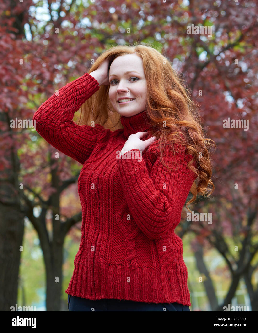 young woman portrait in autumn park, yellow leaves and trees Stock ...