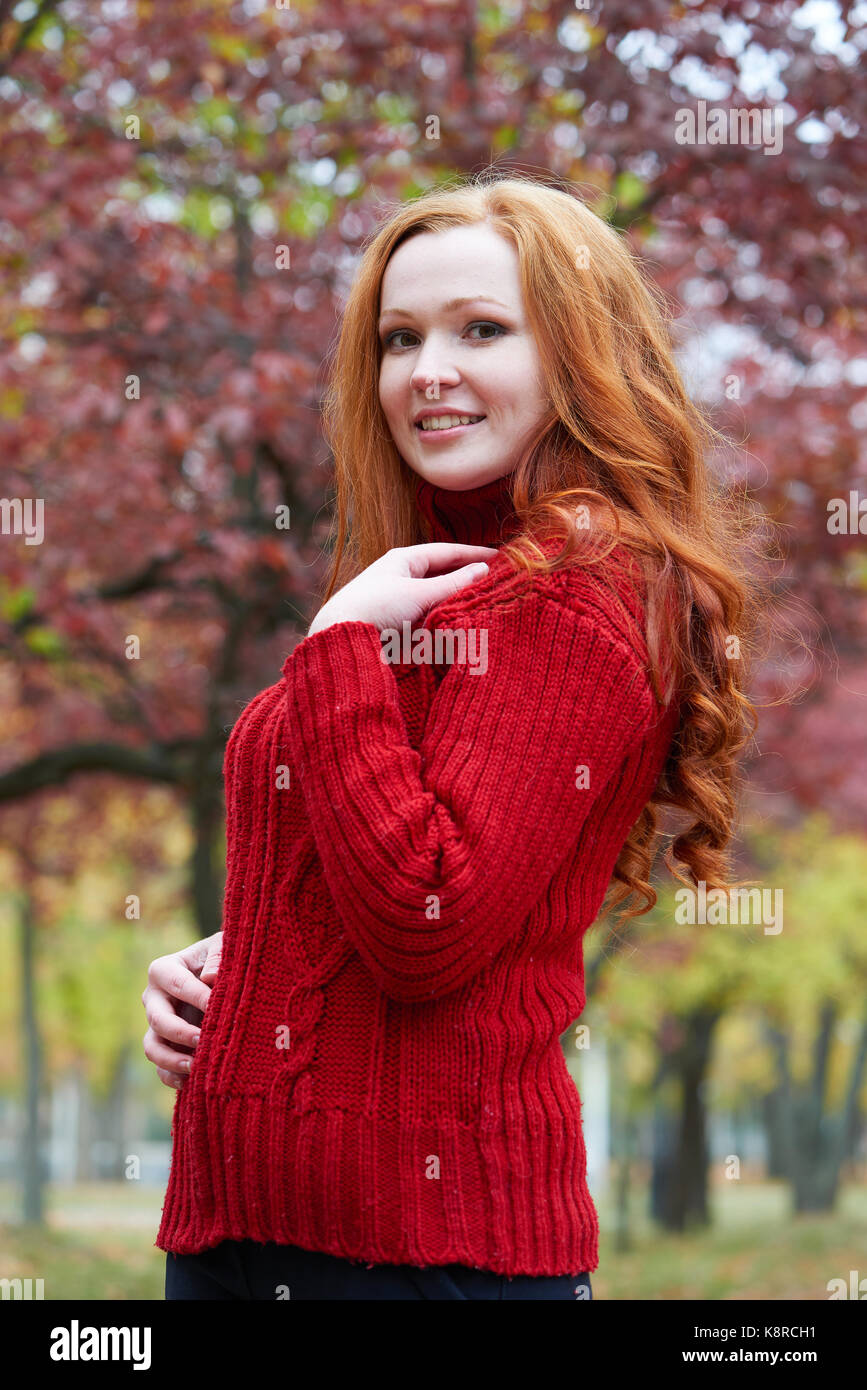 young woman portrait in autumn park, yellow leaves and trees Stock ...