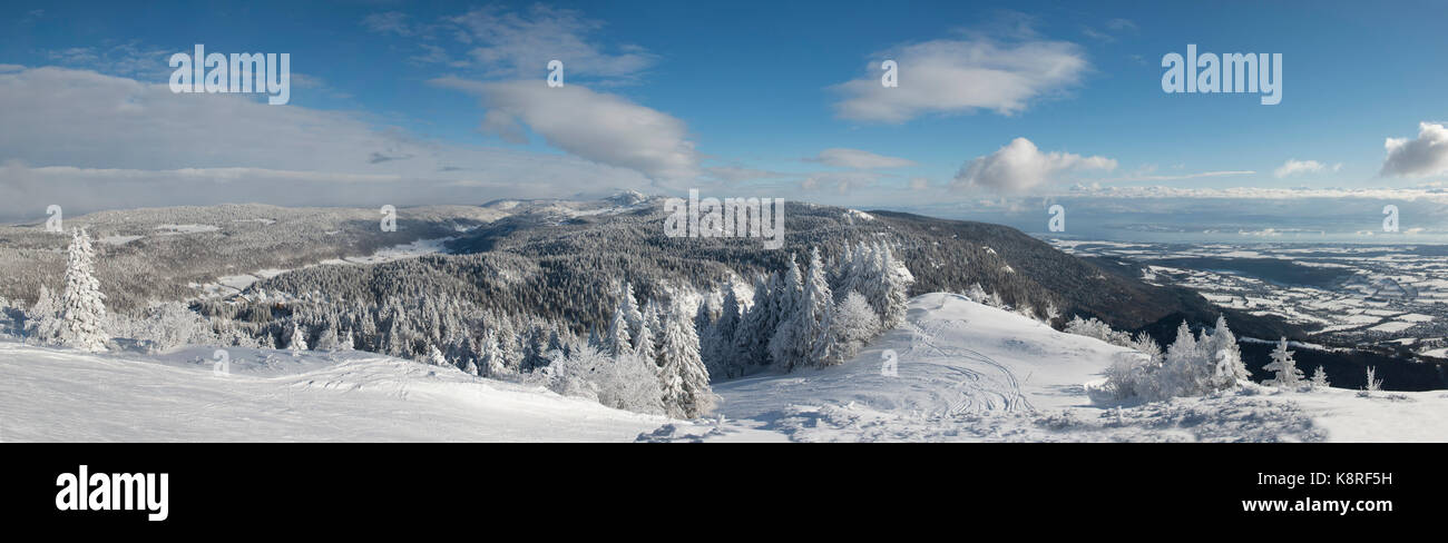 Skiers at Mont Rond, Jura mountains, France Stock Photo