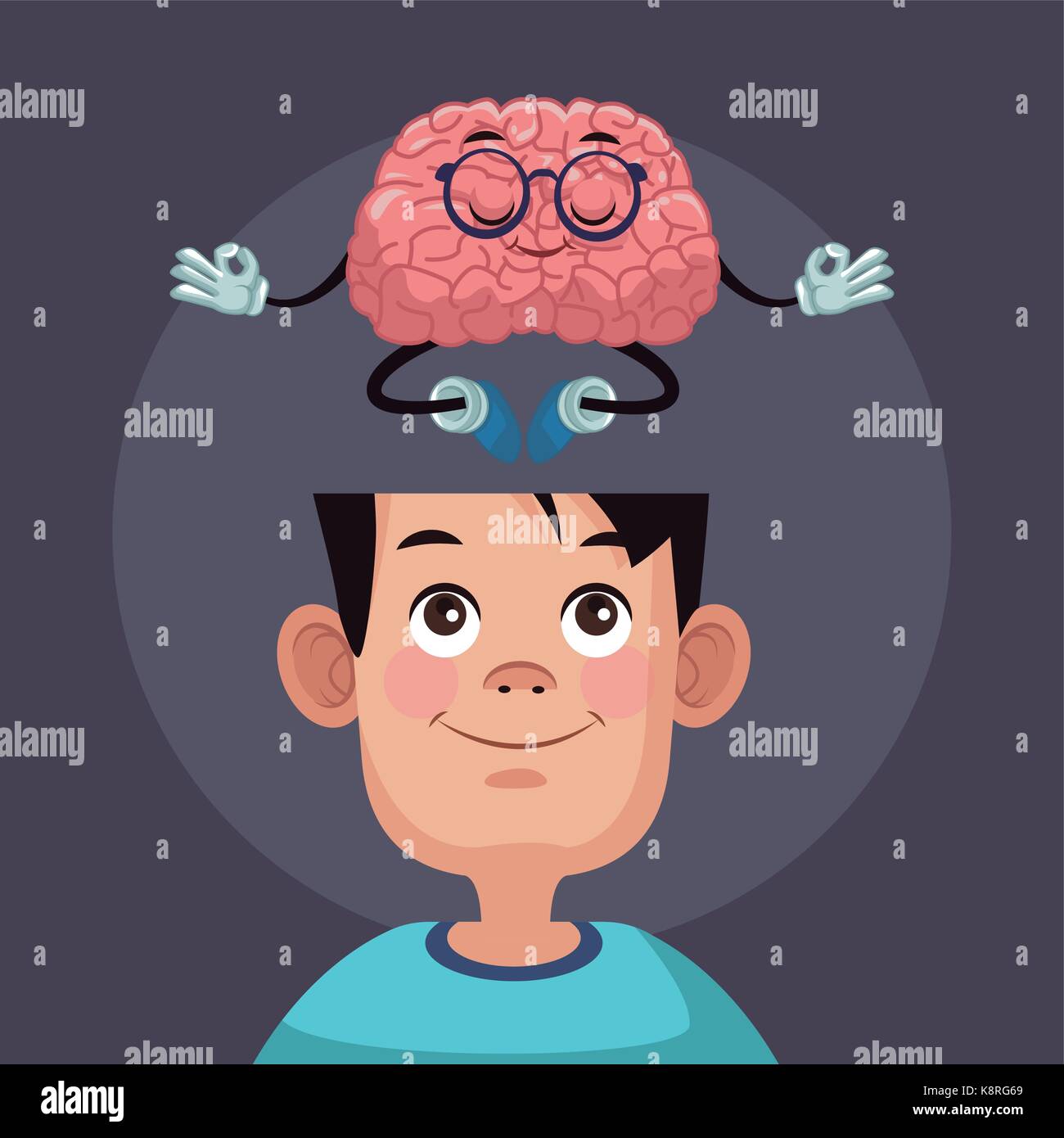 Cute brain cartoon in kid head Stock Vector