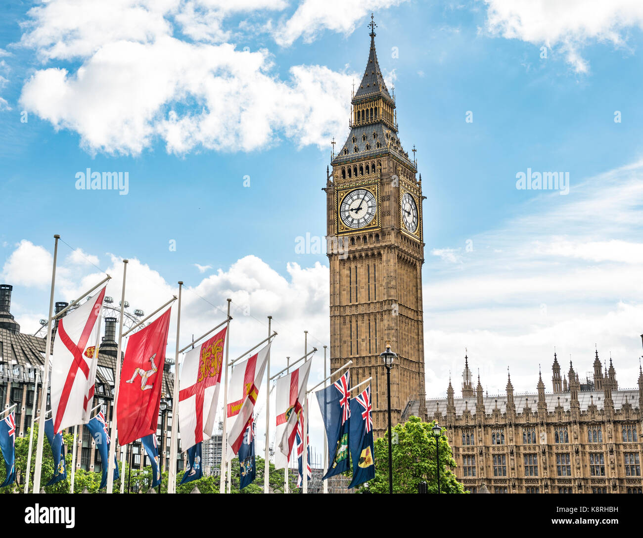 Flags with Big Ben, London, England, Great Britain Stock Photo
