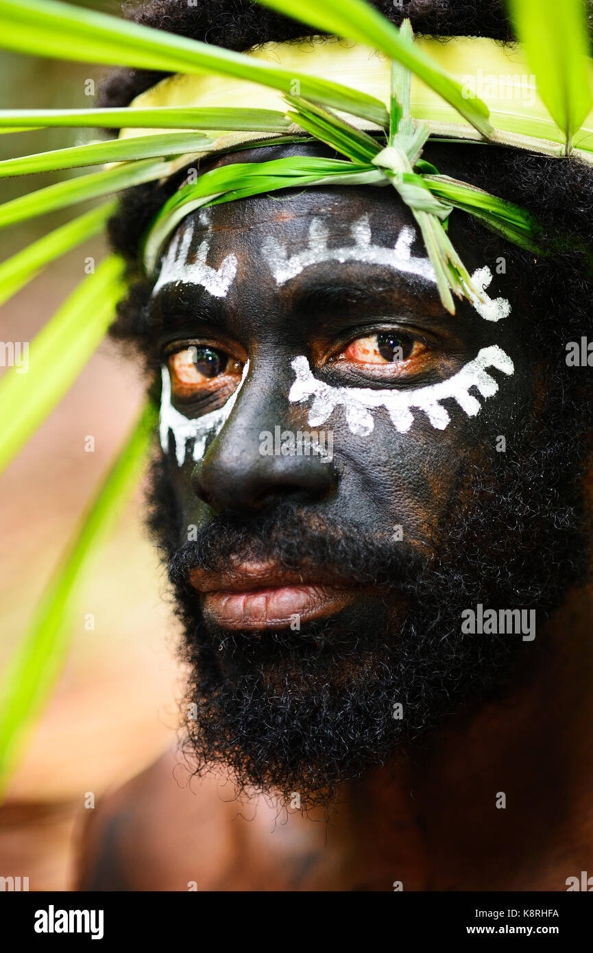 Korafe-Man with facial painting and headdress made of leaves, portrait, McLaren-Harbour, Tufi, Papua New Guinea, Oceania Stock Photo