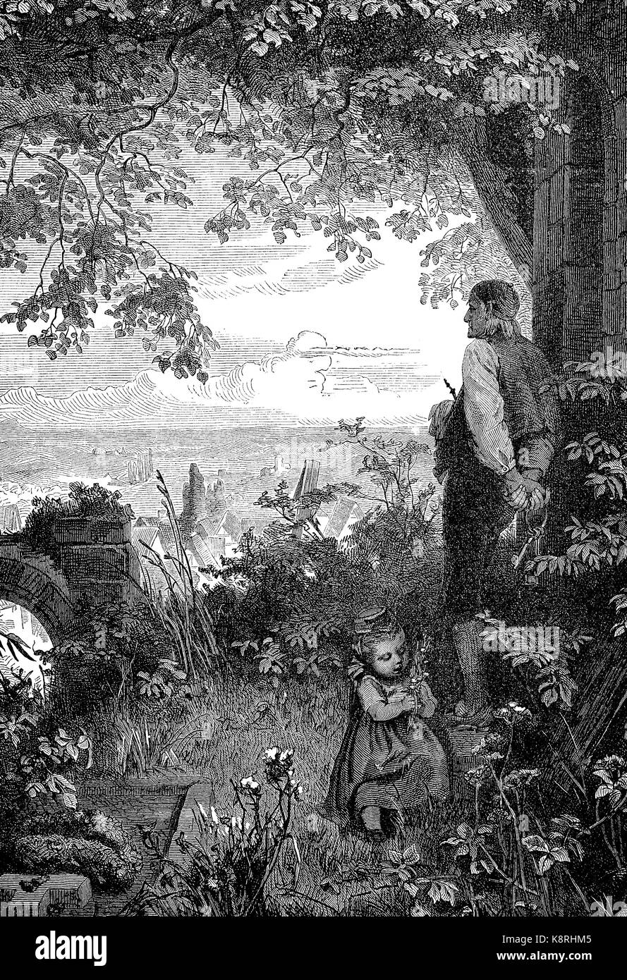 Father and daughter in the cemetery, Vater und Tochter auf dem Friedhof, digital improved reproduction of a woodcut, published in the 19th century Stock Photo