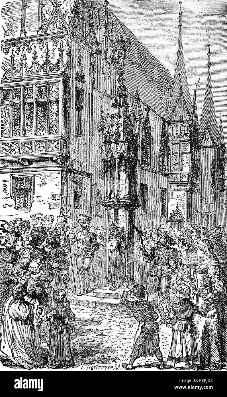 Pillory, pile-up, column of columns in Breslau, Pranger, Schandpfahl, Staupsäule in Breslau, Wroclaw, Poland, digital improved reproduction of a woodcut, published in the 19th century Stock Photo