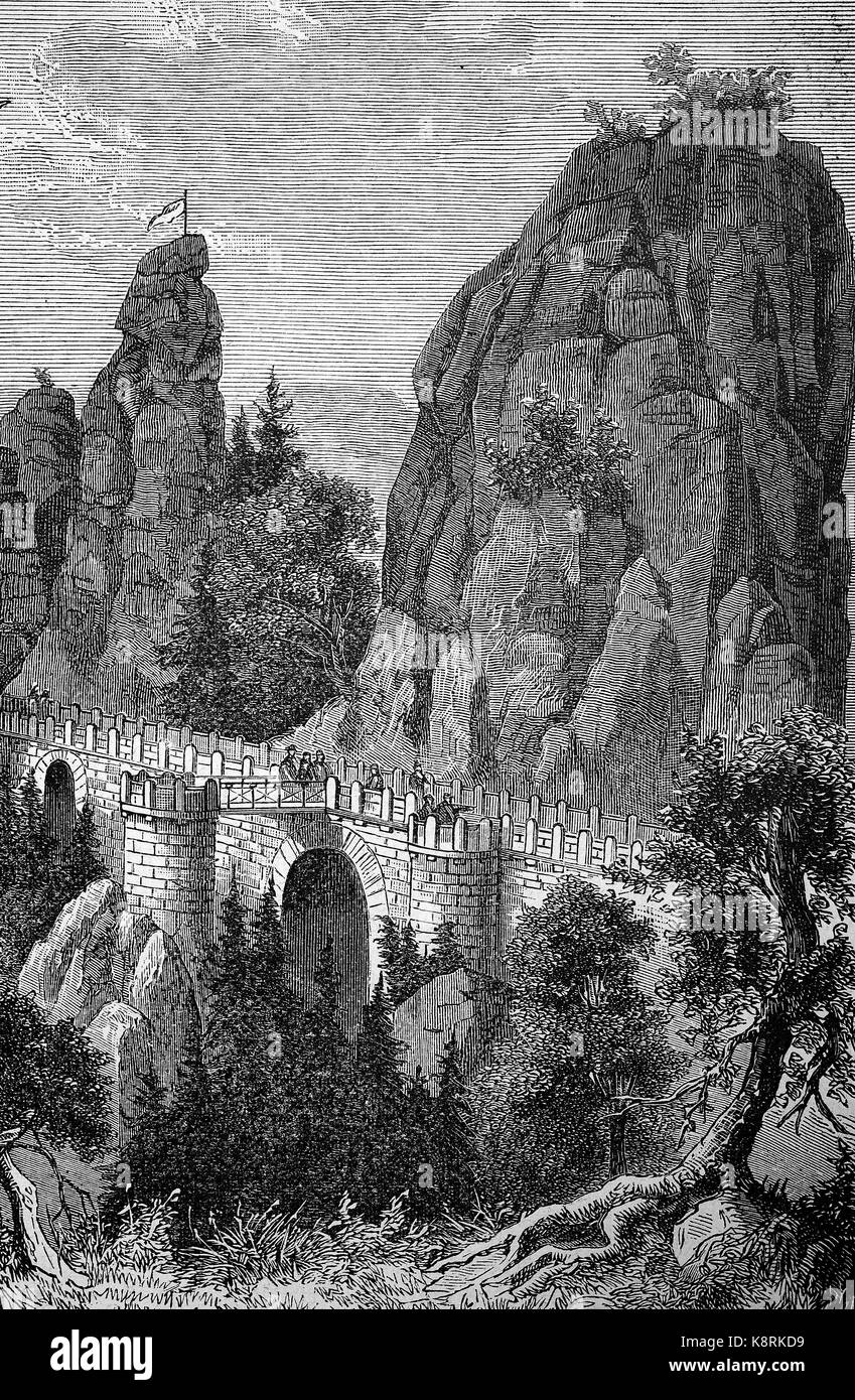 The Bastei in Saxon Switzerland, Elbsandsteingebirge, Saxony, Germany, Die Bastei in der sächsischer Schweiz, Elbsandsteingebirge, Sachsen, Deutschland, digital improved reproduction of a woodcut, published in the 19th century Stock Photo
