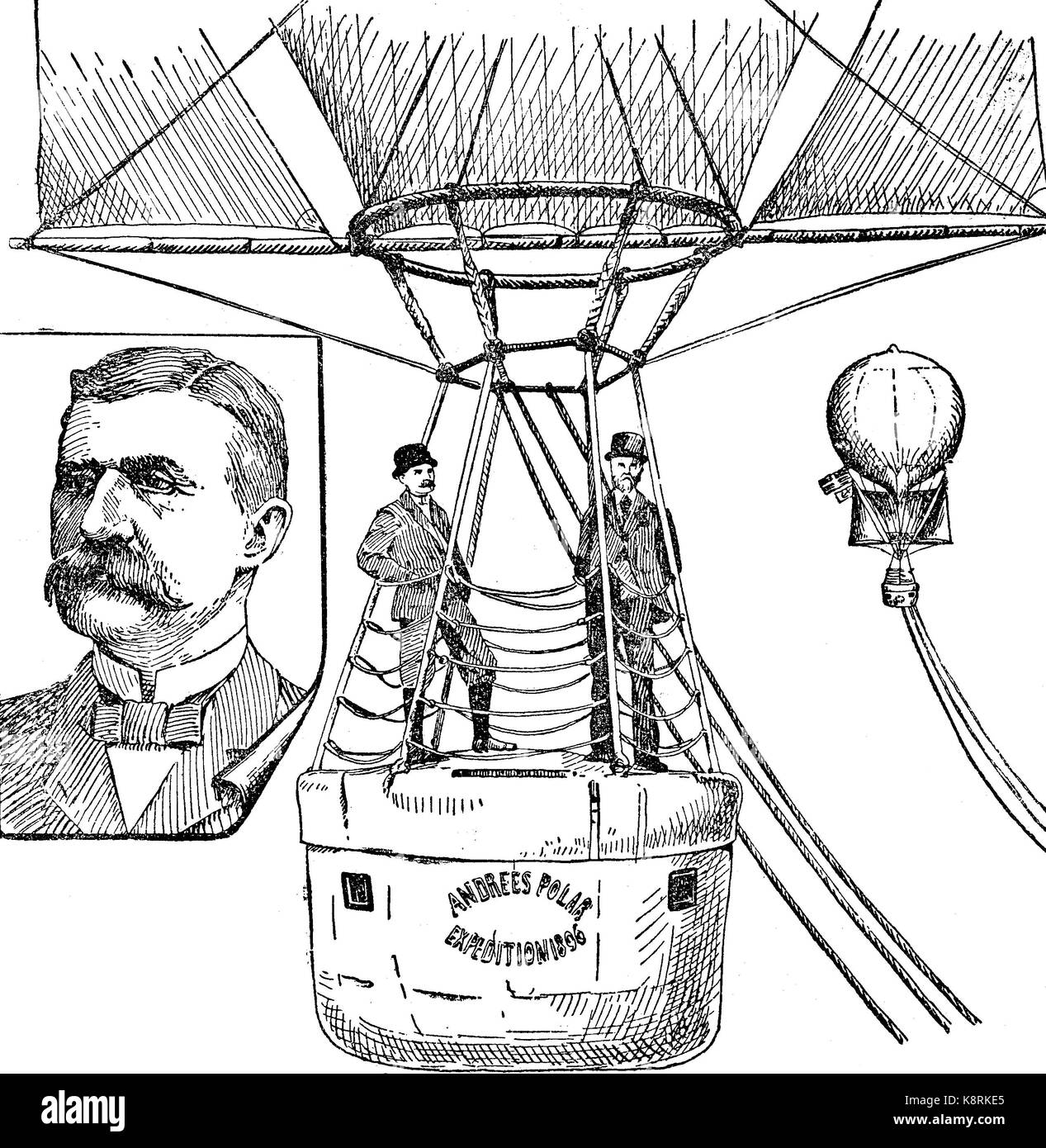 Andree Polar Expedition, Ballongondel, hydrogen balloon, Salomon August Andree a Swedish engineer, physicist, aeronaut and polar explorer, digital improved reproduction of a woodcut, published in the 19th century Stock Photo