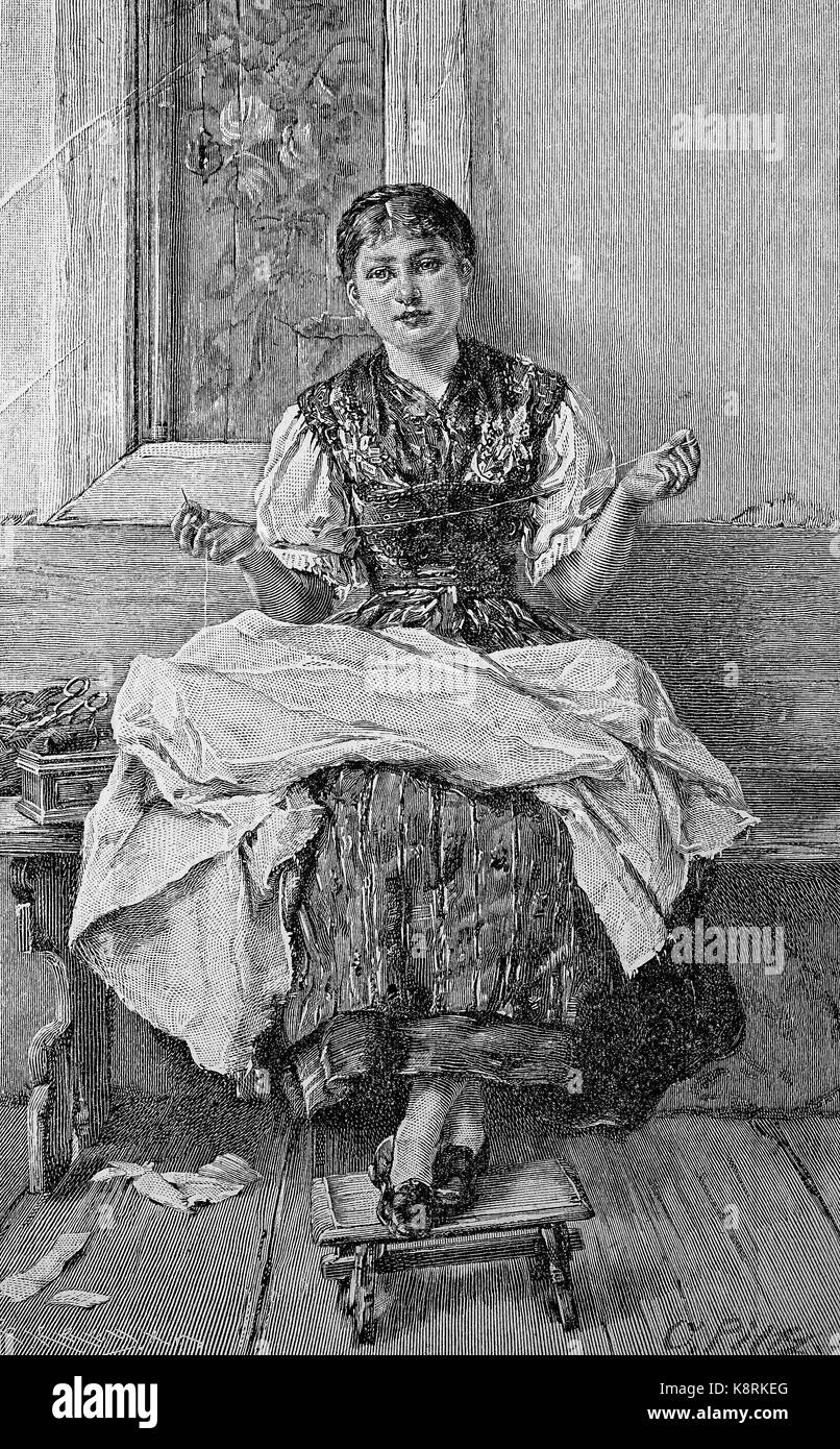 Girl sews at her dowry, Mädchen näht an ihrer Aussteuer, digital improved reproduction of a woodcut, published in the 19th century Stock Photo
