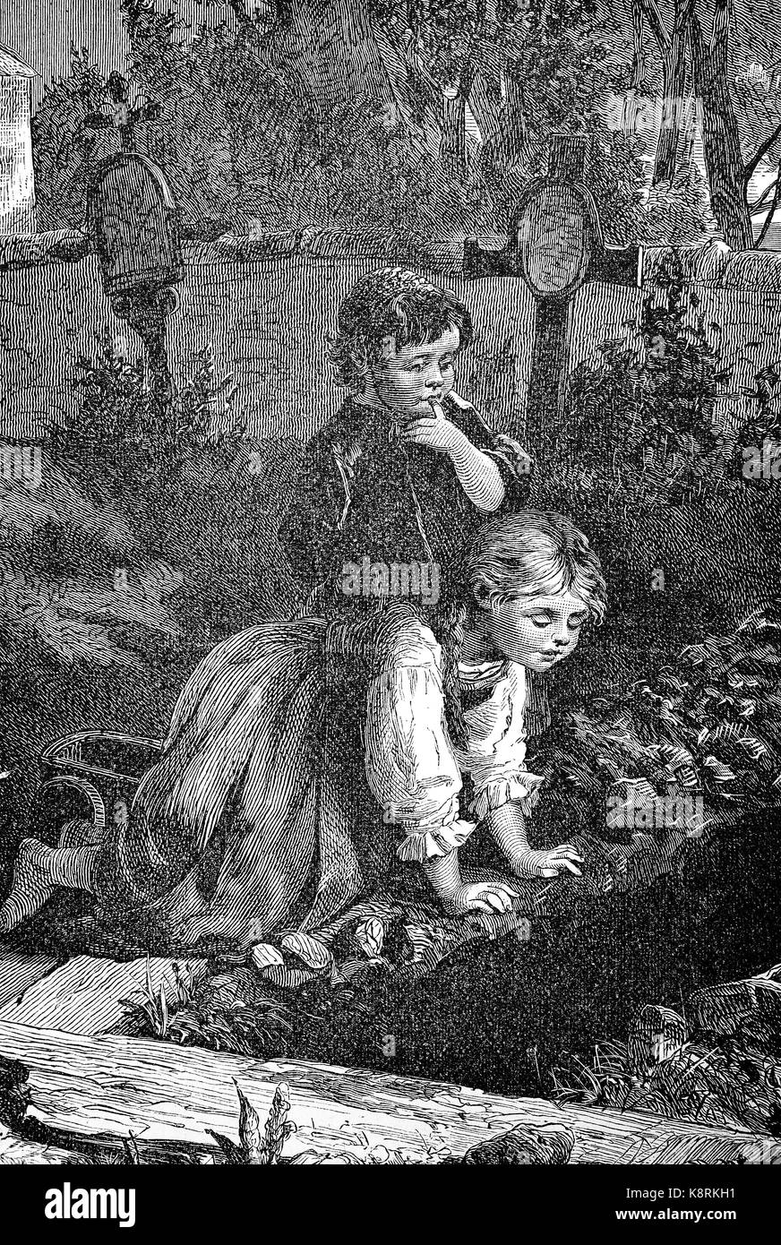 Two children look into a freshly torn grave, Zwei Kinder schauen in ein frisch ausgehobenes Grab, digital improved reproduction of a woodcut, published in the 19th century Stock Photo