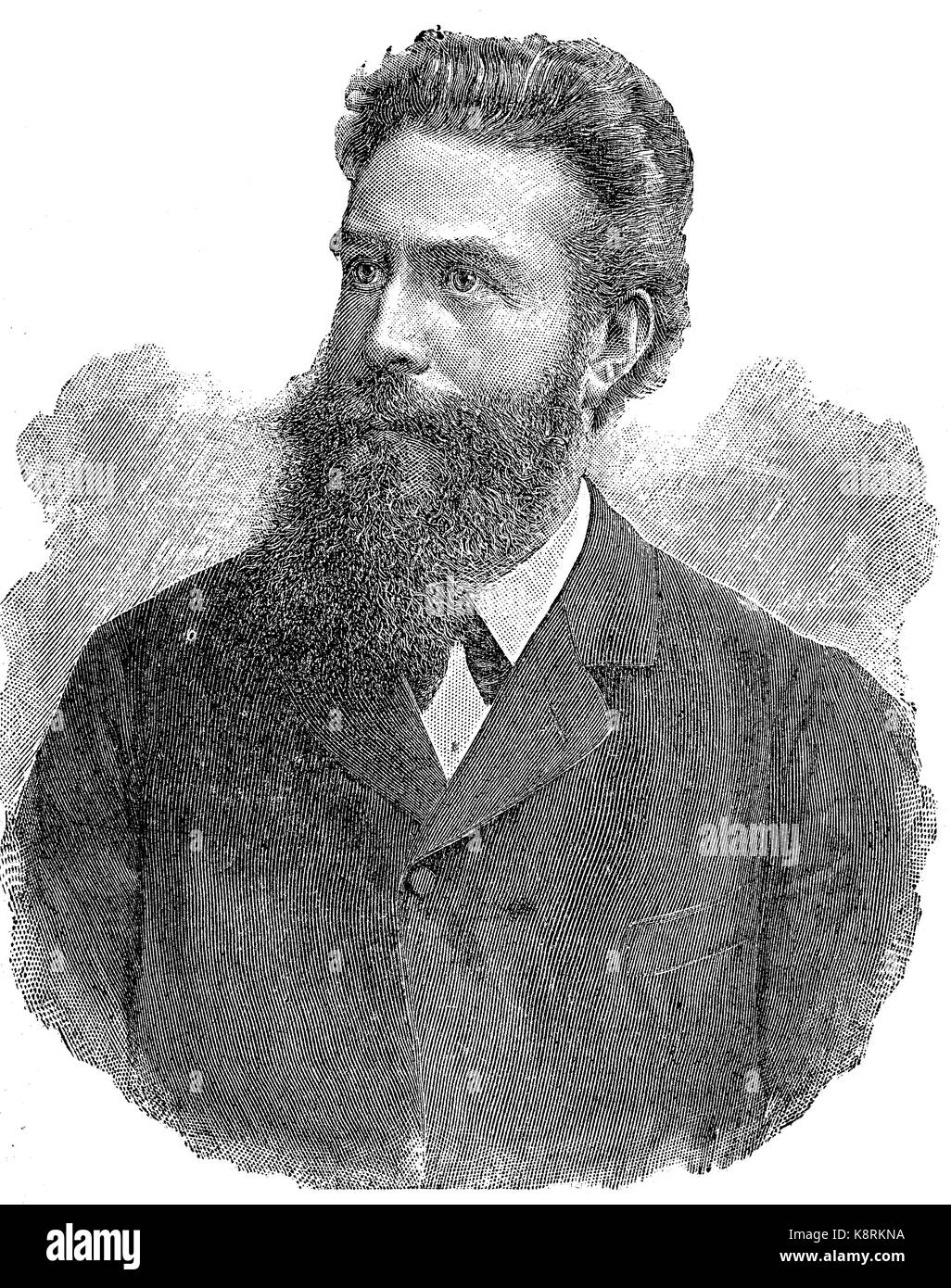 Wilhelm Conrad Röntgen, 1845 - 1923, a German mechanical engineer and physicist, who, on 8 November 1895, produced and detected electromagnetic radiation in a wavelength range known as X-rays or Röntgen rays, digital improved reproduction of a woodcut, published in the 19th century Stock Photo