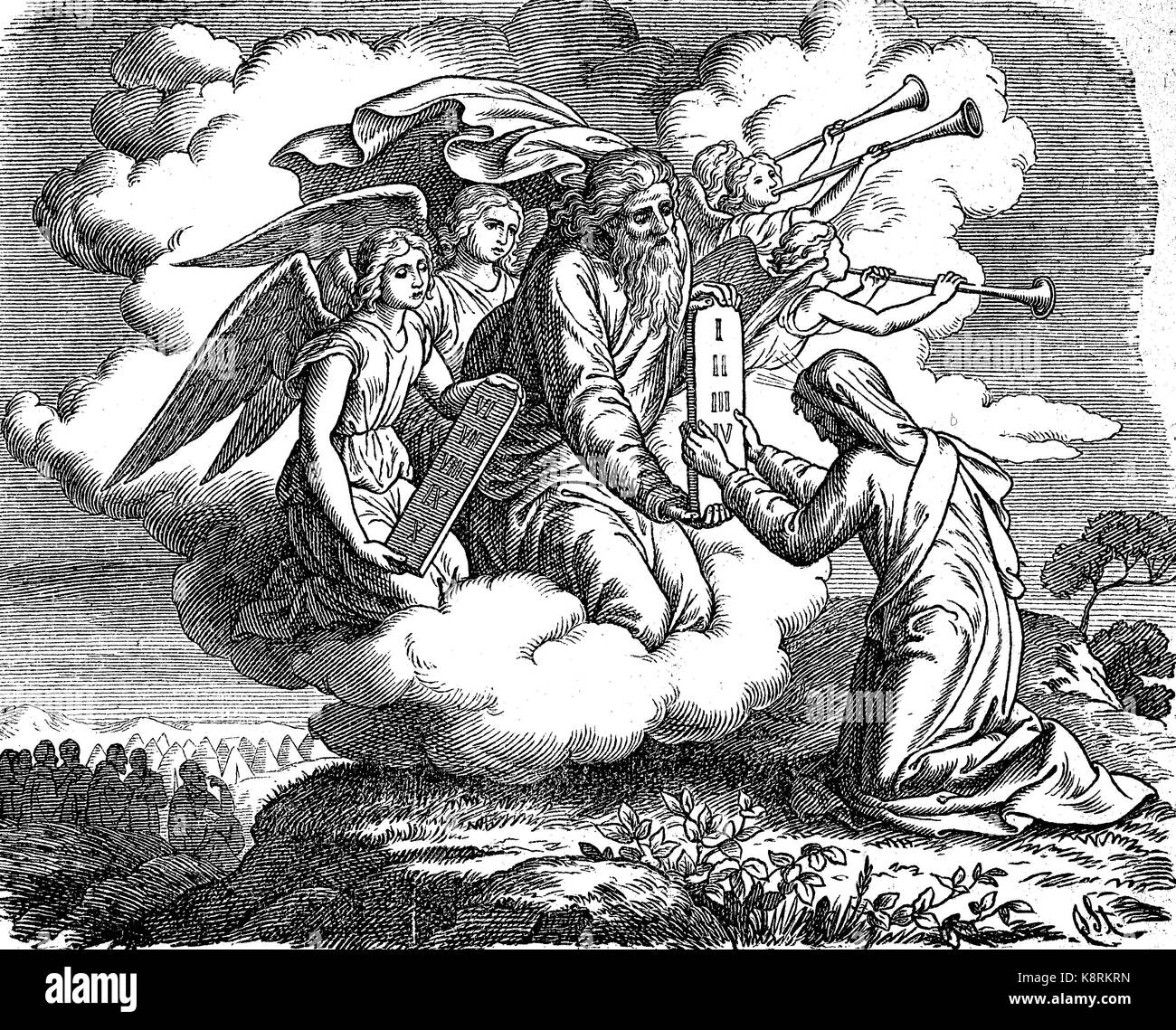 Die Verkündigung der 10 Gebote, The Ten Commandments, also known as the Decalogue, are a set of biblical laws relating to ethics and worship, digital improved reproduction of a woodcut, published in the 19th century Stock Photo