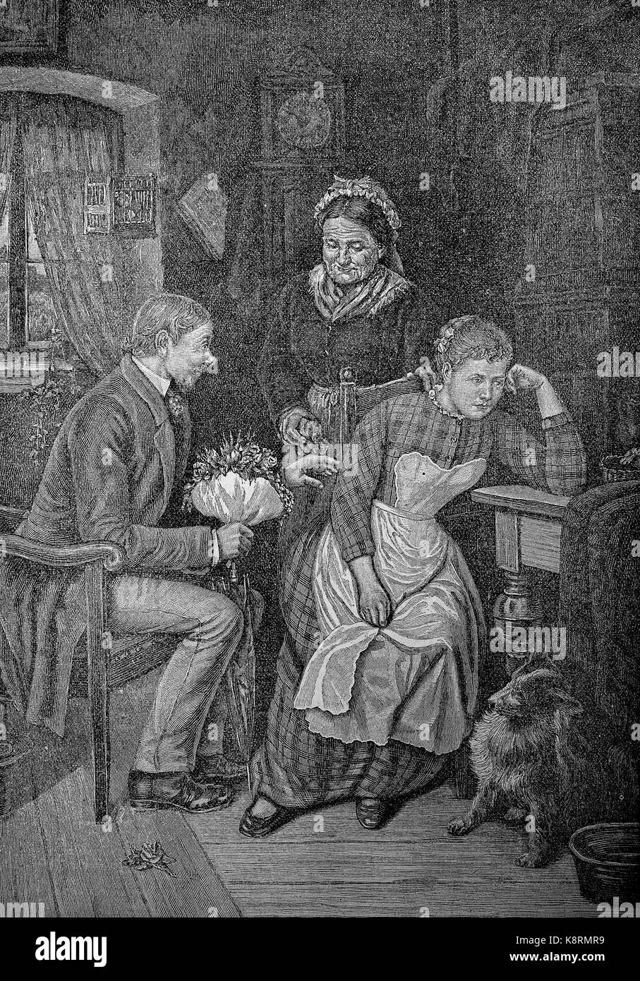 The unpleasant suitor, Young Man, wants to marry a girl, but she will not have him, Der unangenehme Freier, Junger Mann will um die Hand eines Mädchens anhalten, diese will ihn aber nicht haben, digital improved reproduction of a woodcut, published in the 19th century Stock Photo