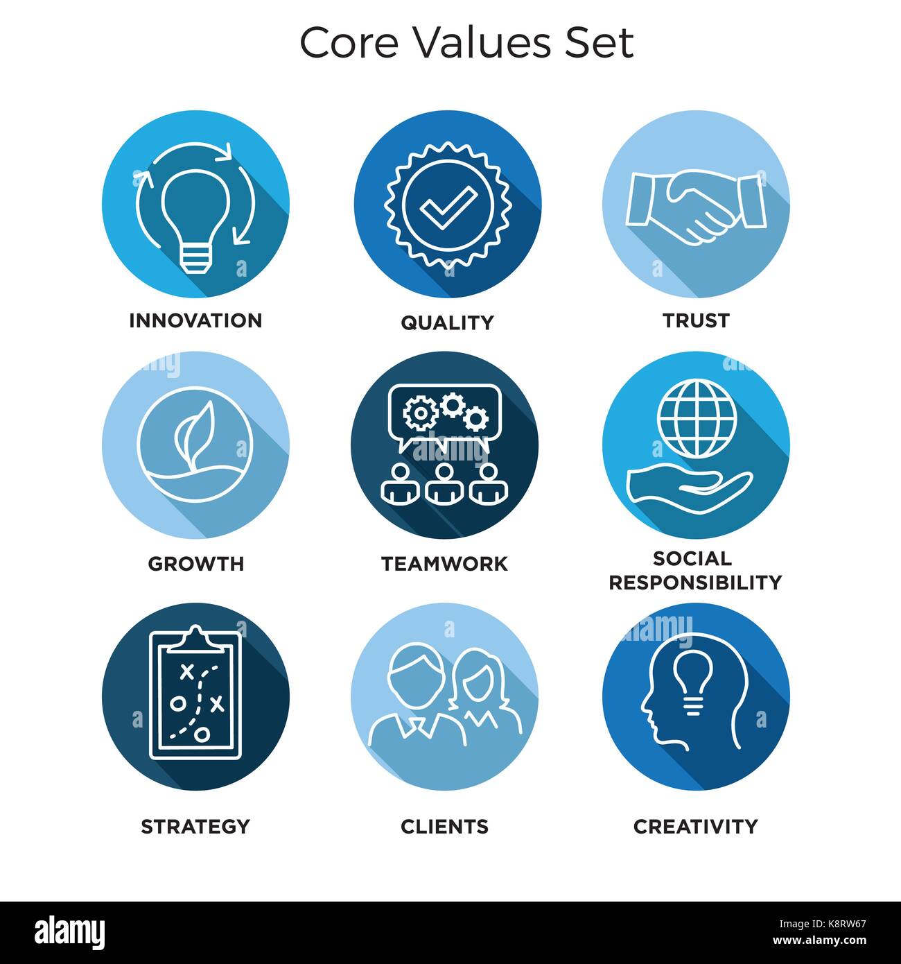 Core Values Mission, integrity value icon set with vision, honesty