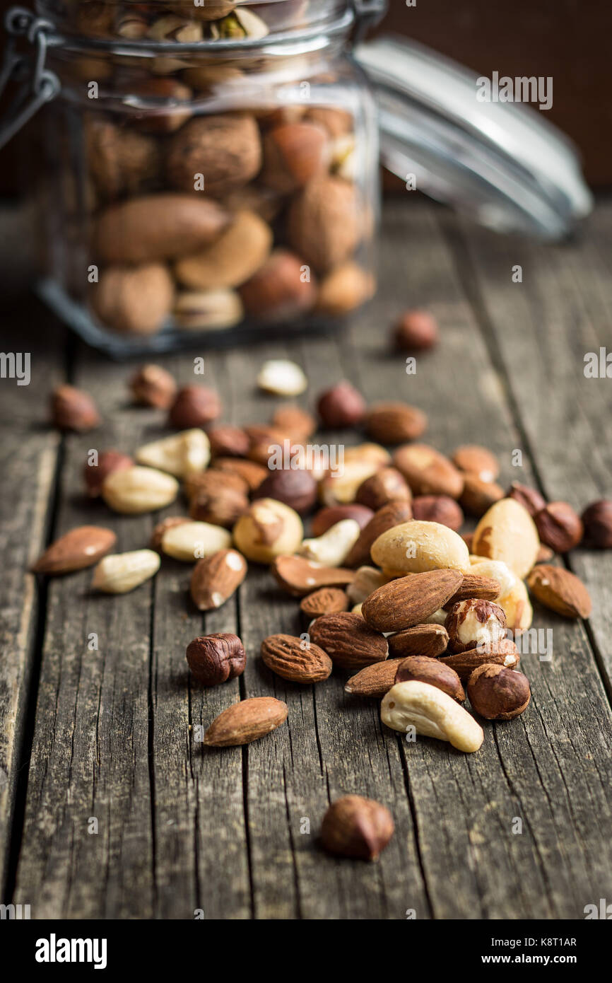 Different types of nuts. Hazelnuts, walnuts, almonds, brazil nuts and