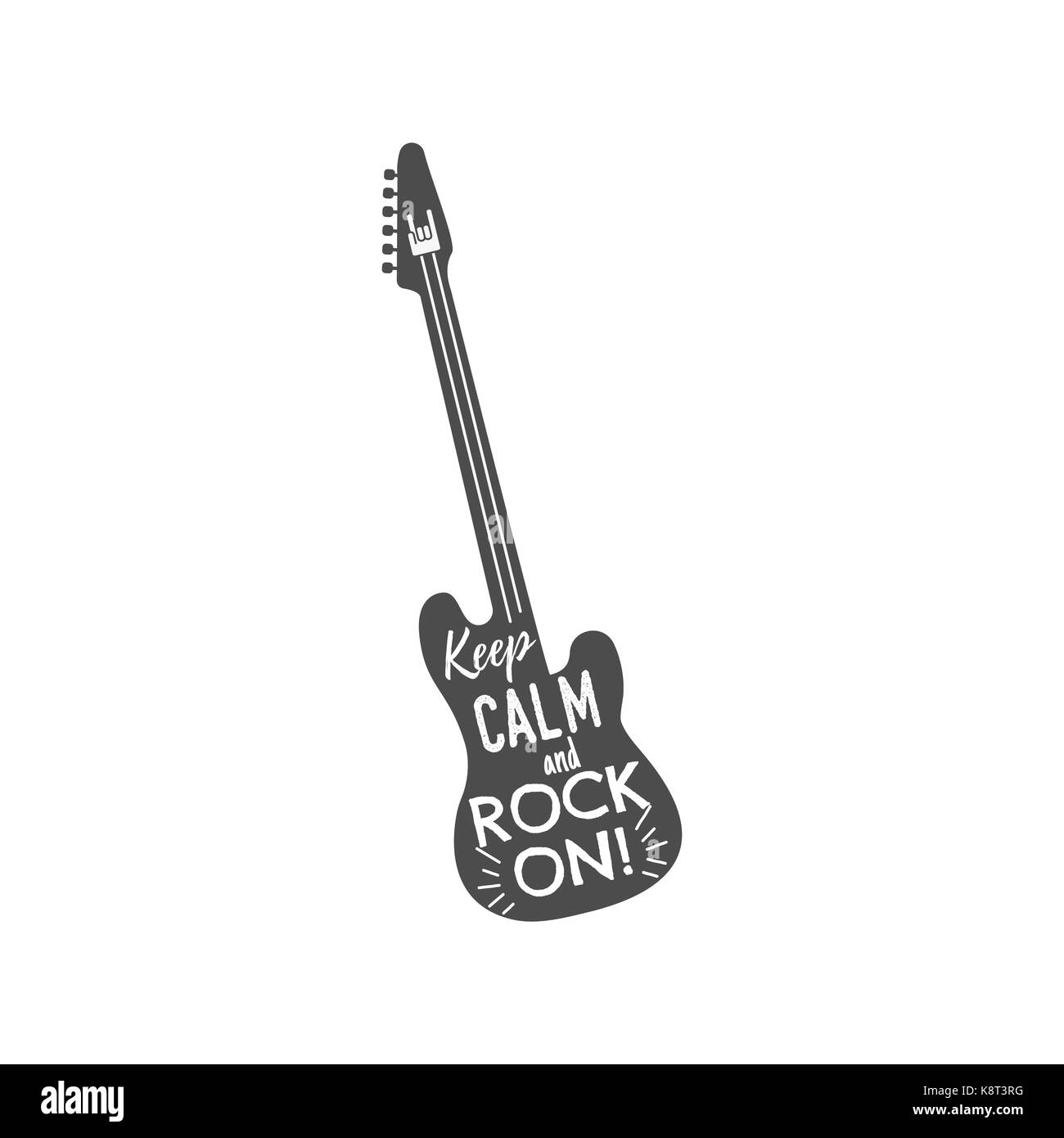 rock guitar emblem with text inside. Keep calm and rock on. Monochrome design for t shirt, prints. Stock vector illustration isolated on white background. Stock Vector
