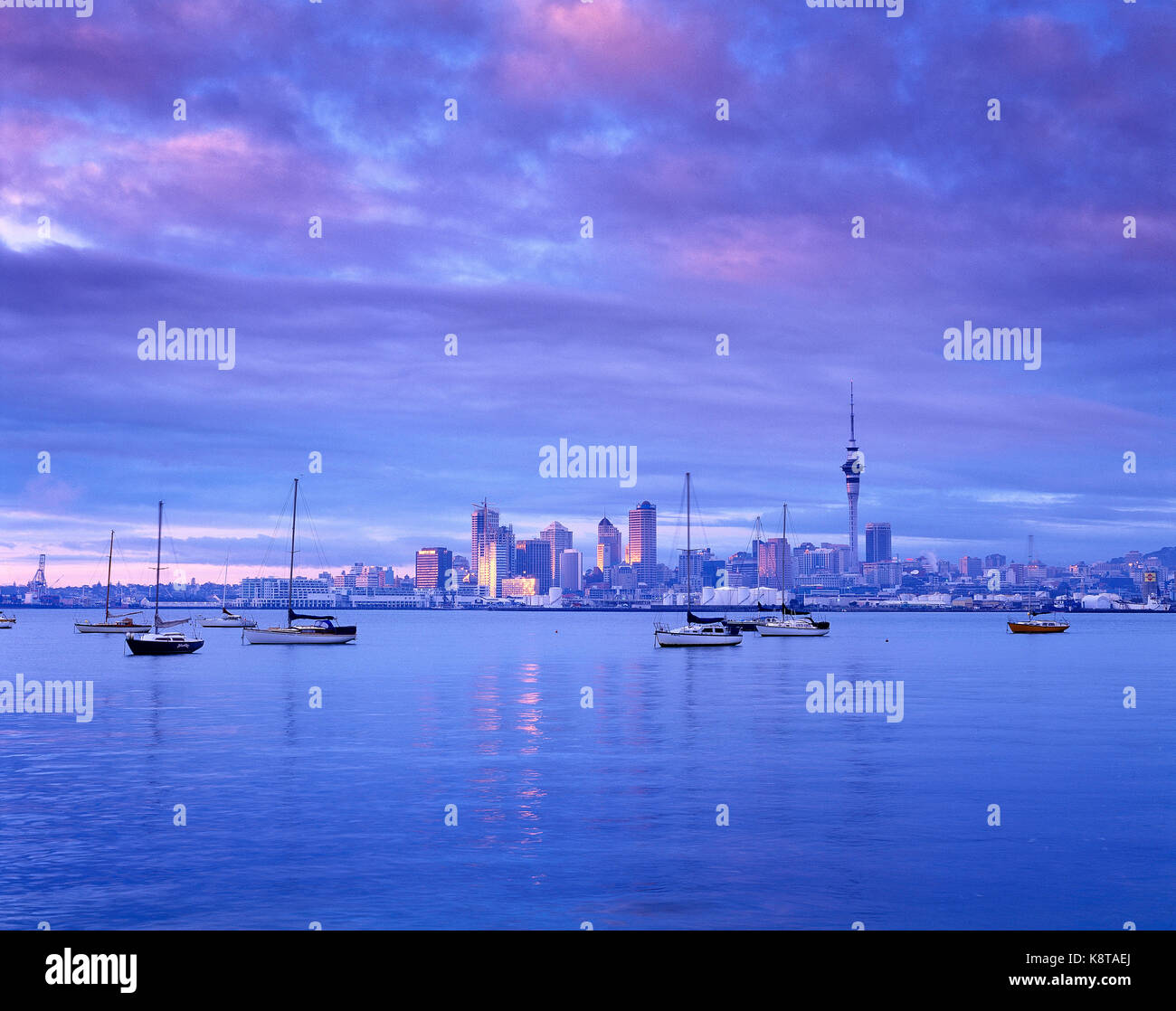 New Zealand. Auckland. City skyline from across the water at dawn. Stock Photo