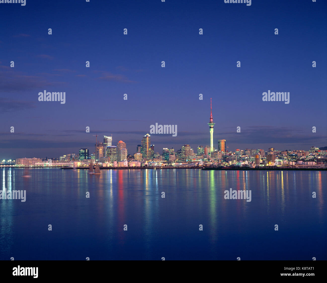 New Zealand. Auckland. City skyline from across the water at night. Stock Photo