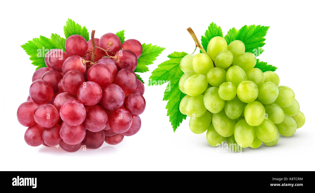 Red and green grape with leaves isolated on white background with clipping path. Studio shot. Collection Stock Photo