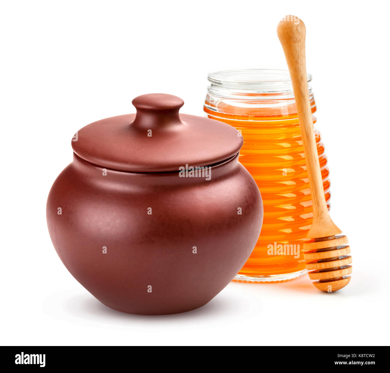 Clay Honey pot and glass jar isolated on white background with clipping path Stock Photo Alamy