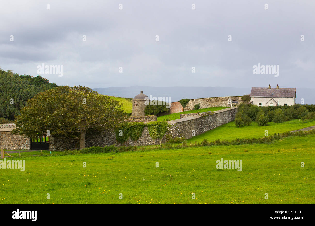 Farm labourer's cottages beside the walled garden at Mussenden House on the Downhill Demesne on the north coast of County Londonderry in Northern Irel Stock Photo